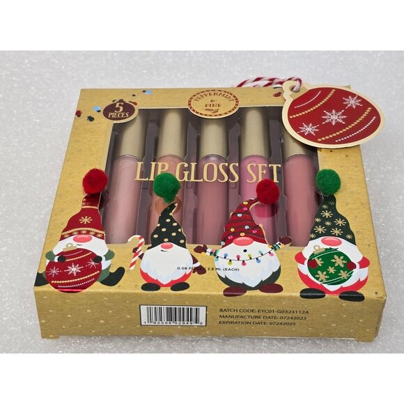 Lip Gloss Set Peppermint & Pine 5-Piece Holiday Gift Box With Santa Gnome Design - Picture 1 of 3